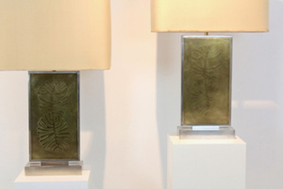 Image 1 of Roger Vanhevel Brass Philodendron-Etched Impressive Table Lamps