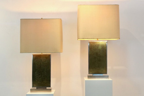 Image 1 of Roger Vanhevel Brass Philodendron-Etched Impressive Table Lamps