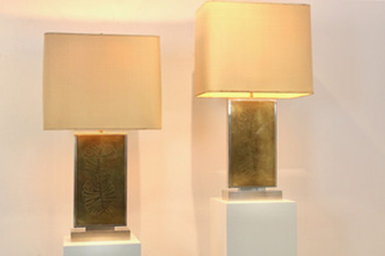 Image 1 of Roger Vanhevel Brass Philodendron-Etched Impressive Table Lamps