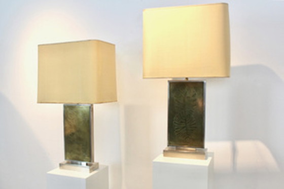 Image 1 of Roger Vanhevel Brass Philodendron-Etched Impressive Table Lamps