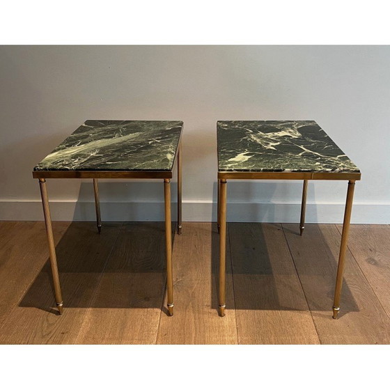 Image 1 of Pair of vintage brass sofa ends with green marble tops, 1940s