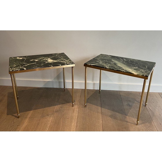 Image 1 of Pair of vintage brass sofa ends with green marble tops, 1940s