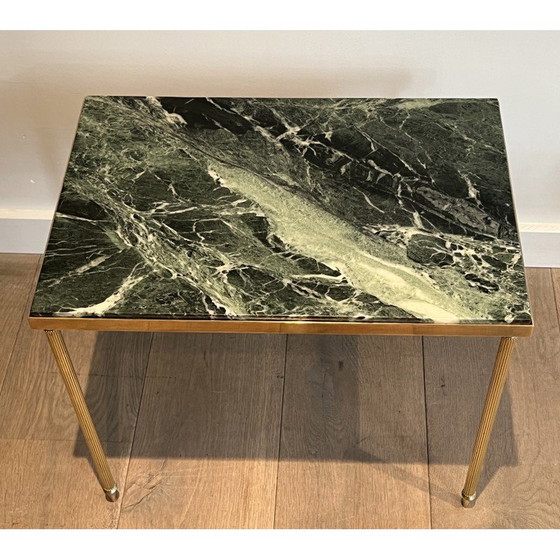 Image 1 of Pair of vintage brass sofa ends with green marble tops, 1940s