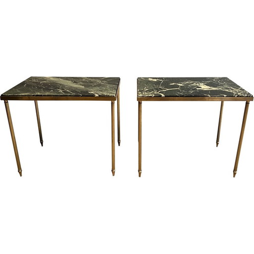 Pair of vintage brass sofa ends with green marble tops, 1940s