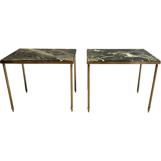 Image 1 of Pair of vintage brass sofa ends with green marble tops, 1940s