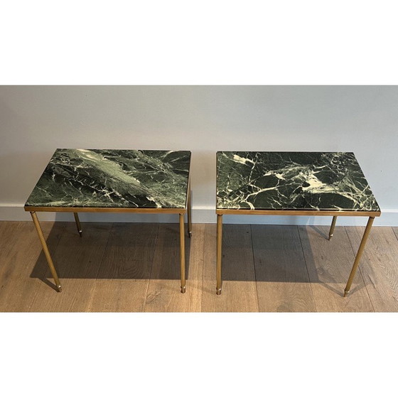 Image 1 of Pair of vintage brass sofa ends with green marble tops, 1940s
