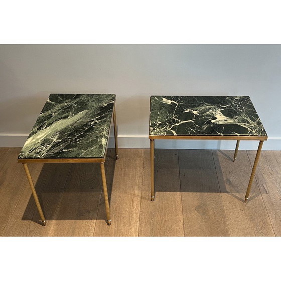 Image 1 of Pair of vintage brass sofa ends with green marble tops, 1940s