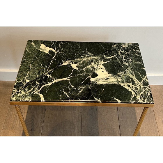 Image 1 of Pair of vintage brass sofa ends with green marble tops, 1940s