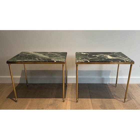 Image 1 of Pair of vintage brass sofa ends with green marble tops, 1940s
