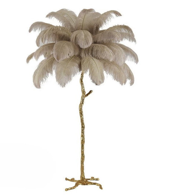 Image 1 of Ostrich Feather Floor Lamp Khaki/Copper Brass