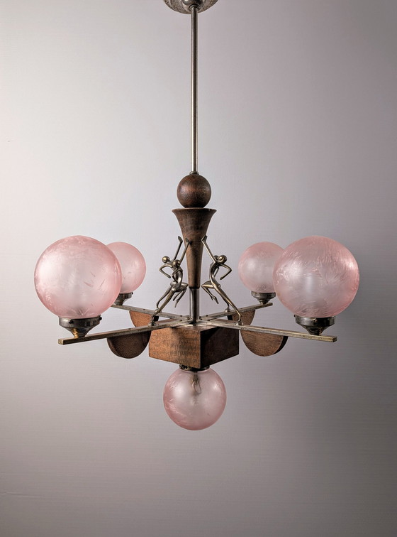 Image 1 of Art Deco Lamp Hagenauer Style And Frosted Pink Glass 1920S