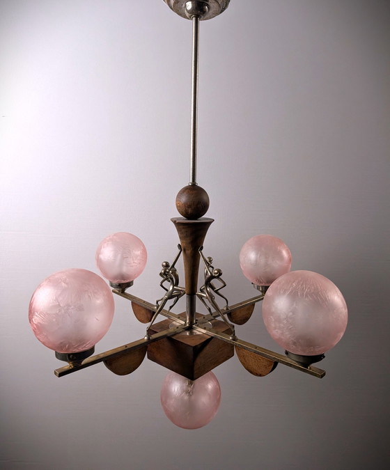 Image 1 of Art Deco Lamp Hagenauer Style And Frosted Pink Glass 1920S