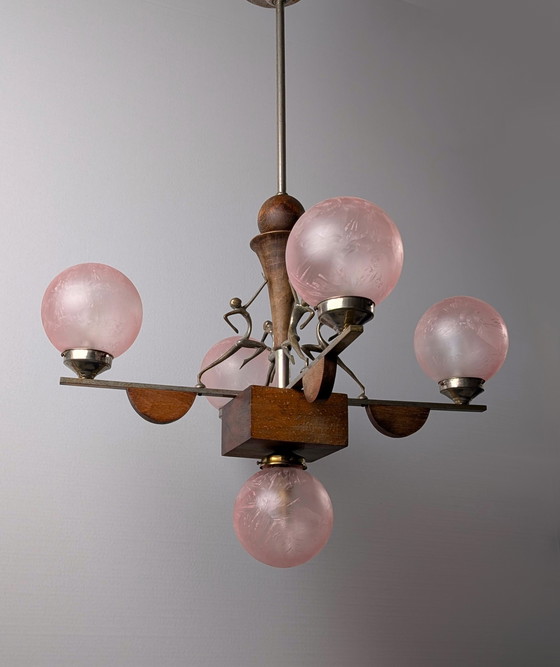 Image 1 of Art Deco Lamp Hagenauer Style And Frosted Pink Glass 1920S