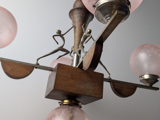 Image 1 of Art Deco Lamp Hagenauer Style And Frosted Pink Glass 1920S