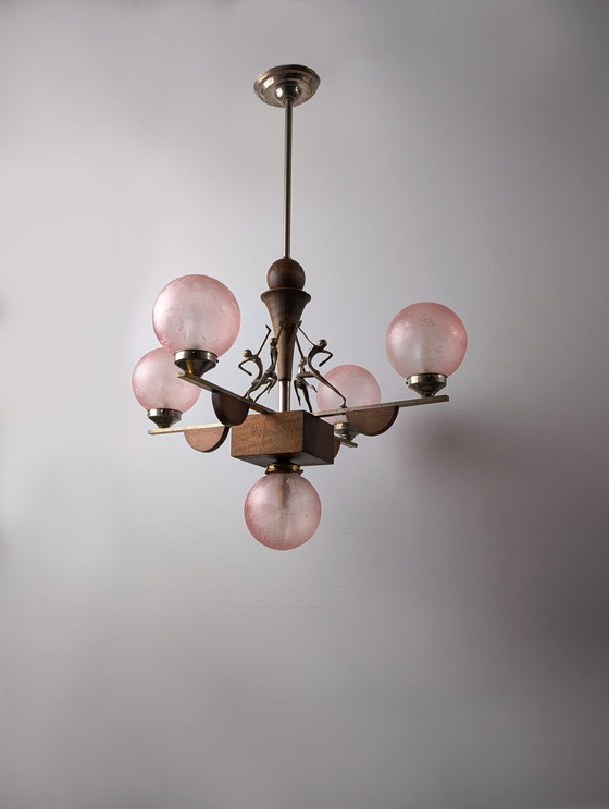 Image 1 of Art Deco Lamp Hagenauer Style And Frosted Pink Glass 1920S