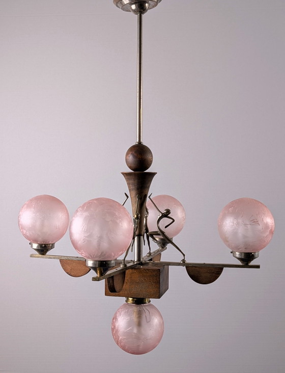 Image 1 of Art Deco Lamp Hagenauer Style And Frosted Pink Glass 1920S