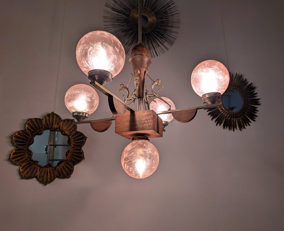 Image 1 of Art Deco Lamp Hagenauer Style And Frosted Pink Glass 1920S