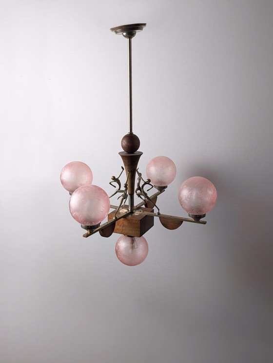 Image 1 of Art Deco Lamp Hagenauer Style And Frosted Pink Glass 1920S