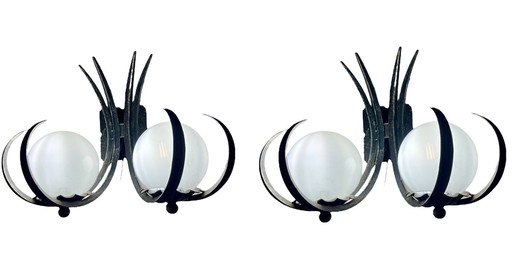 Brutalist Wall Lighting Pair Metal Glass, 1960s