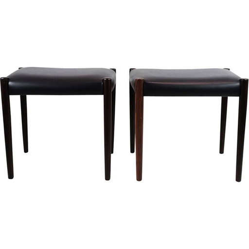 Pair of vintage stools in rosewood and black leather, Denmark 1960