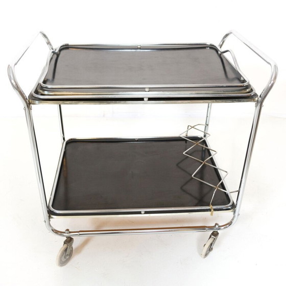 Image 1 of Vintage art deco chrome plated metal and black lack cart by Torck