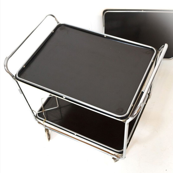 Image 1 of Vintage art deco chrome plated metal and black lack cart by Torck