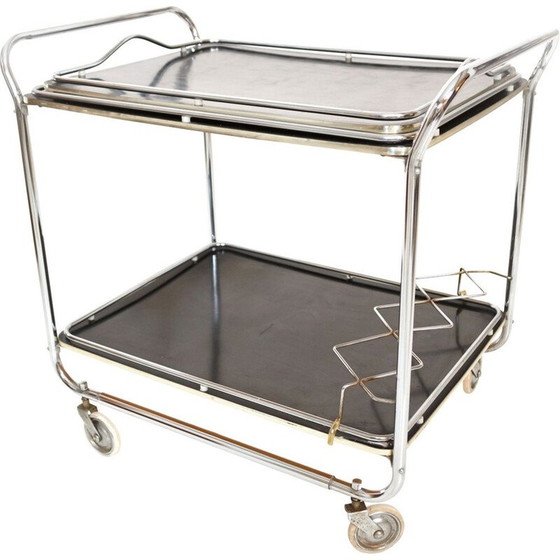 Image 1 of Vintage art deco chrome plated metal and black lack cart by Torck