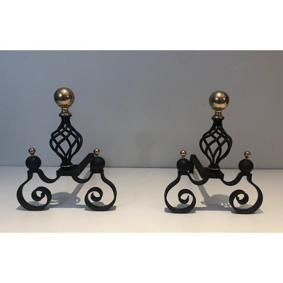 Image 1 of Pair of vintage wrought iron and brass bedside tables, France 1970