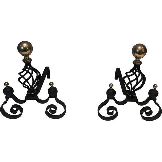 Image 1 of Pair of vintage wrought iron and brass bedside tables, France 1970