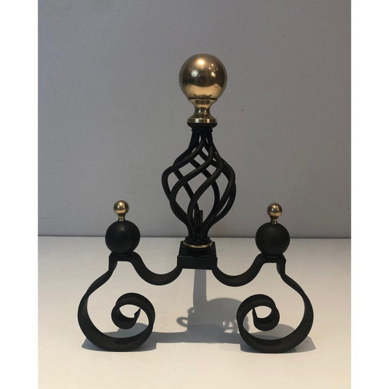 Image 1 of Pair of vintage wrought iron and brass bedside tables, France 1970