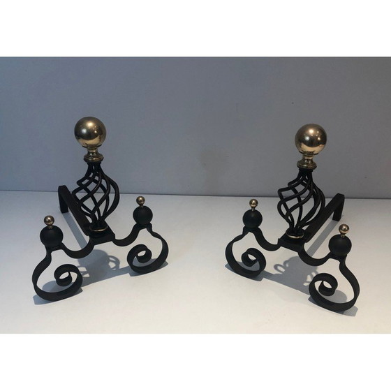Image 1 of Pair of vintage wrought iron and brass bedside tables, France 1970