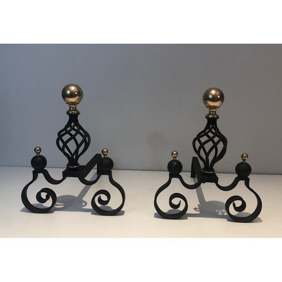 Image 1 of Pair of vintage wrought iron and brass bedside tables, France 1970