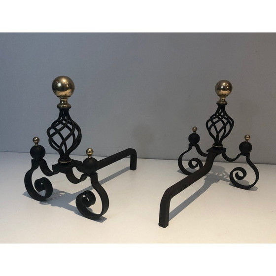Image 1 of Pair of vintage wrought iron and brass bedside tables, France 1970