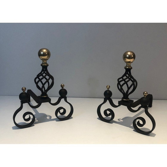 Image 1 of Pair of vintage wrought iron and brass bedside tables, France 1970