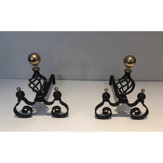 Image 1 of Pair of vintage wrought iron and brass bedside tables, France 1970