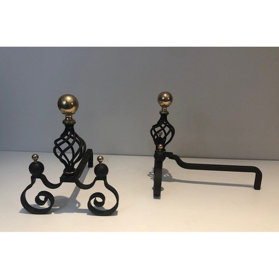 Image 1 of Pair of vintage wrought iron and brass bedside tables, France 1970