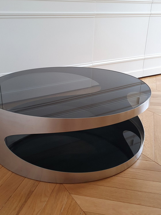 Image 1 of Large Round Coffee Table Space Age Stainless Steel Smoked Glass Black