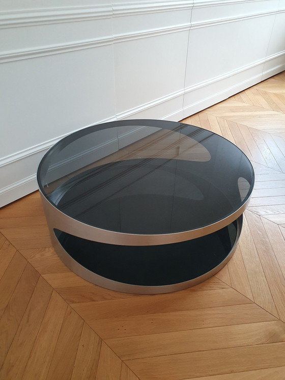 Image 1 of Large Round Coffee Table Space Age Stainless Steel Smoked Glass Black