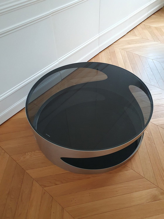 Image 1 of Large Round Coffee Table Space Age Stainless Steel Smoked Glass Black