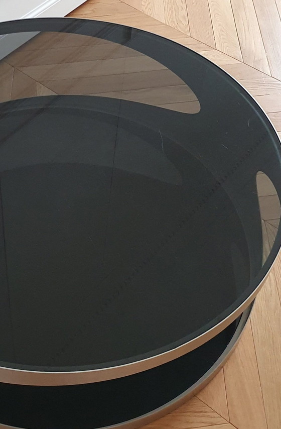 Image 1 of Large Round Coffee Table Space Age Stainless Steel Smoked Glass Black