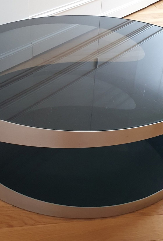 Image 1 of Large Round Coffee Table Space Age Stainless Steel Smoked Glass Black