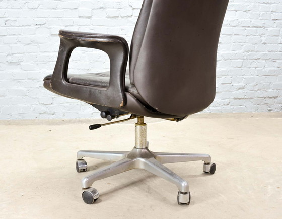 Image 1 of Deep Brown Leather Swivel Adjustable Desk Chair on Steel Pedestal, 1970s