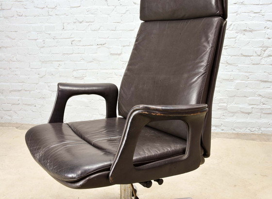 Image 1 of Deep Brown Leather Swivel Adjustable Desk Chair on Steel Pedestal, 1970s