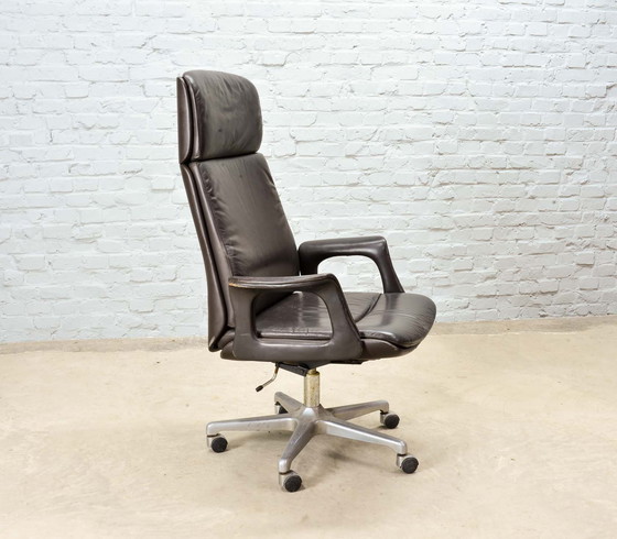 Image 1 of Deep Brown Leather Swivel Adjustable Desk Chair on Steel Pedestal, 1970s