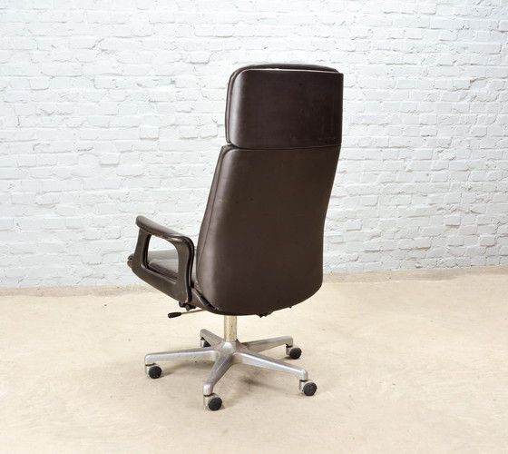 Image 1 of Deep Brown Leather Swivel Adjustable Desk Chair on Steel Pedestal, 1970s