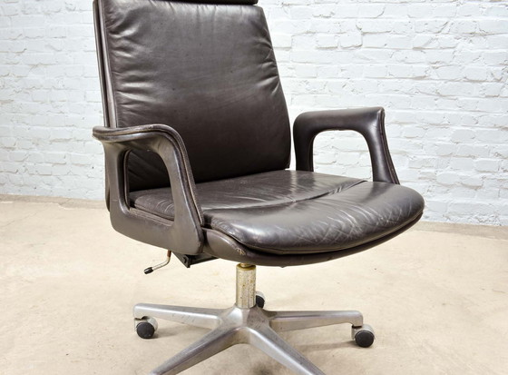 Image 1 of Deep Brown Leather Swivel Adjustable Desk Chair on Steel Pedestal, 1970s