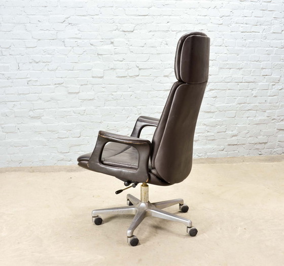 Image 1 of Deep Brown Leather Swivel Adjustable Desk Chair on Steel Pedestal, 1970s