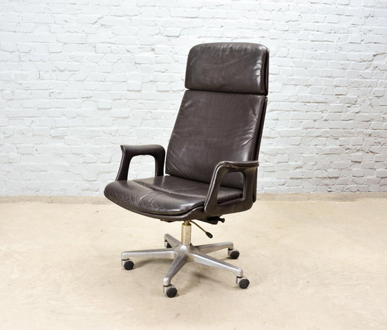 Image 1 of Deep Brown Leather Swivel Adjustable Desk Chair on Steel Pedestal, 1970s