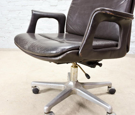 Image 1 of Deep Brown Leather Swivel Adjustable Desk Chair on Steel Pedestal, 1970s