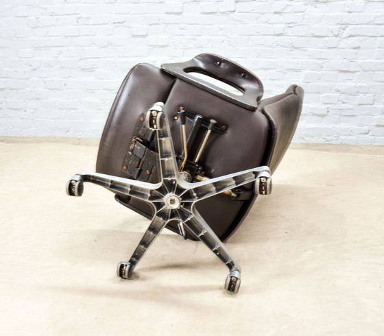 Image 1 of Deep Brown Leather Swivel Adjustable Desk Chair on Steel Pedestal, 1970s